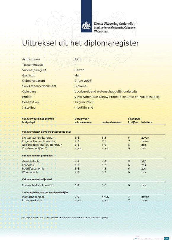 Download Netherlands MboRijnland Diploma Register Extract template in Word and PDF format Photoshop template